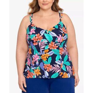 Swim Solutions Hi-Low Tankini Swim Top Floral Print Adjustable Navy Multi 12